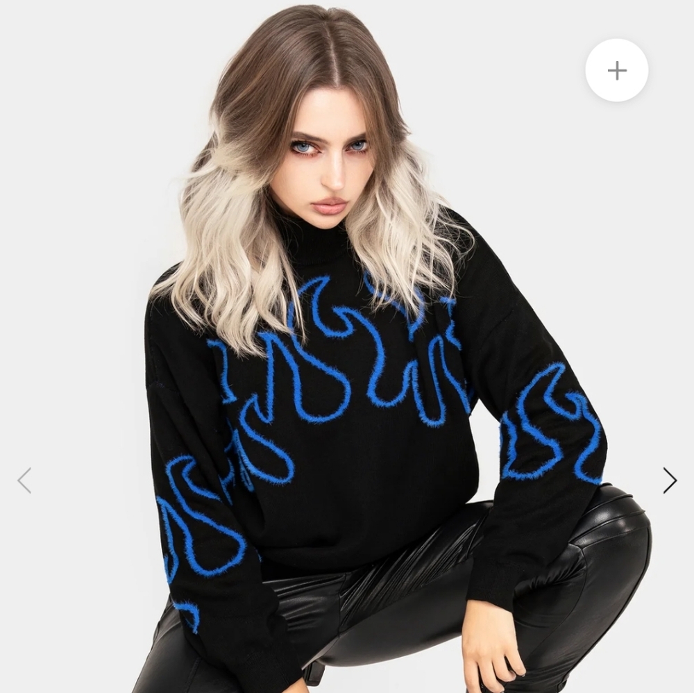 Disturbia Flame Sweater,Goth Sweater, Black Flame Sweater, Blue Flame - Picture 4 of 9